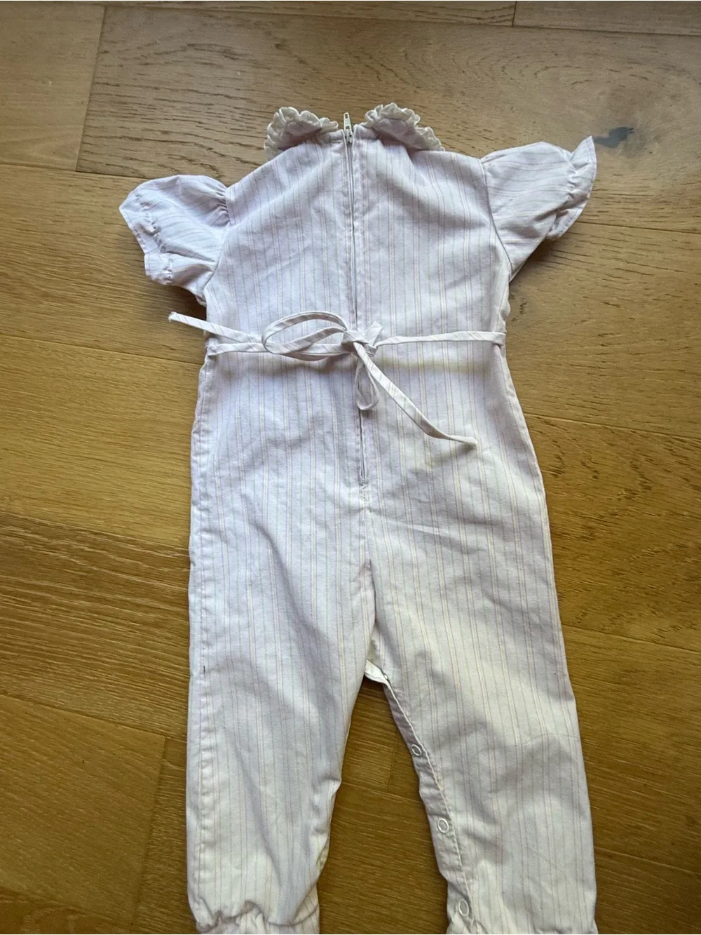 Vintage “By Thomas”  Baby Girl Romper – Pink Stripe Ruffle Collar 18 months